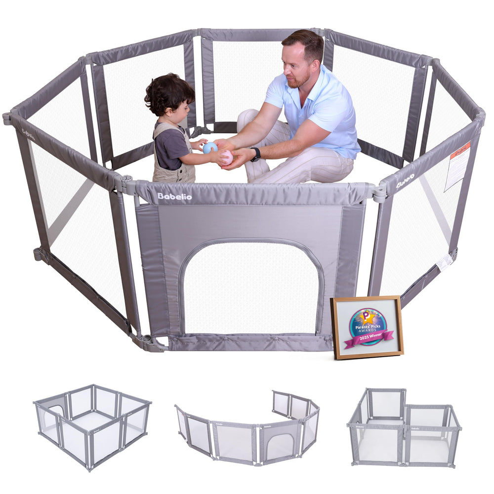 BABELIO foldable playpen folded compact for easy storage.