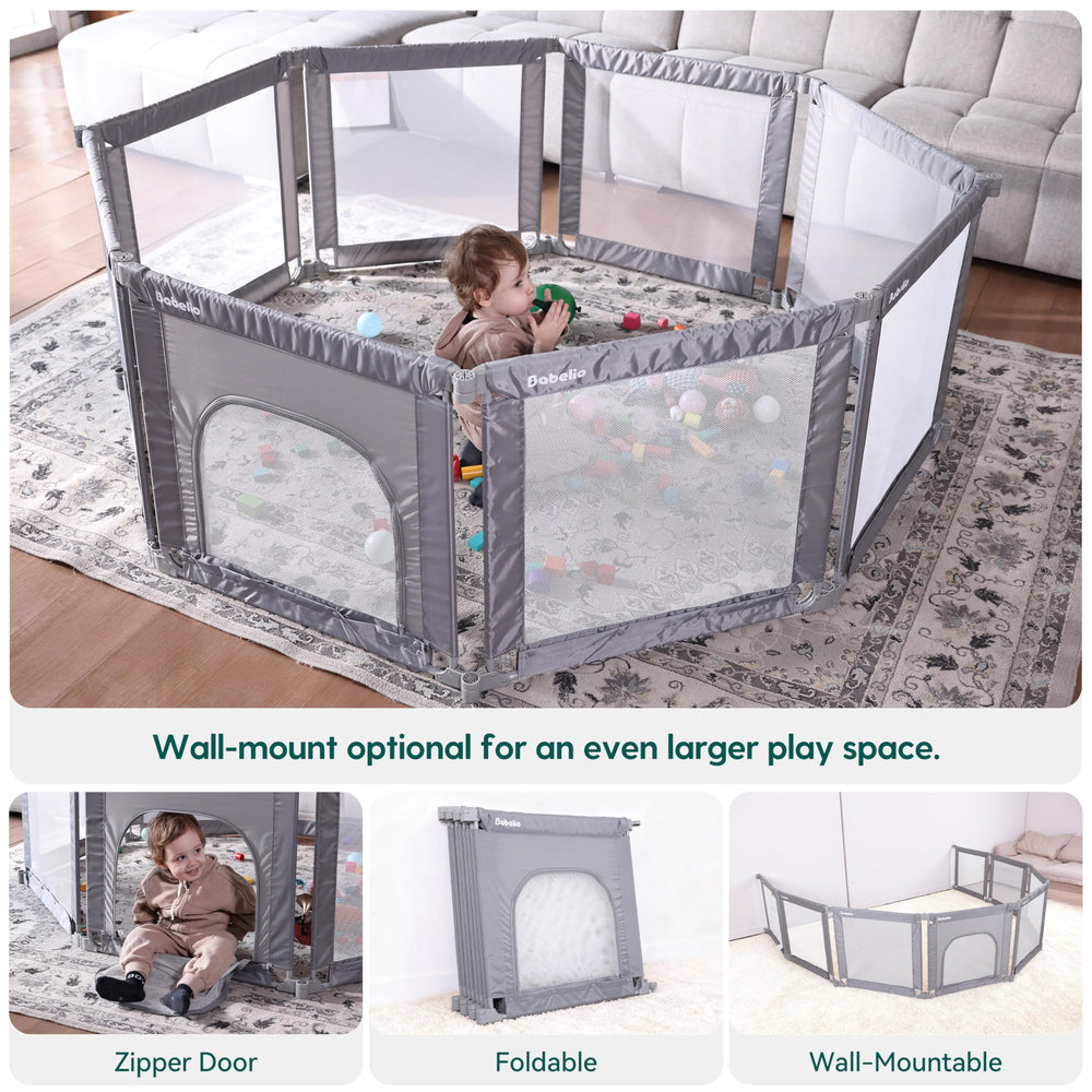 BABELIO foldable playpen rectangle setup shows flexible space configuration.