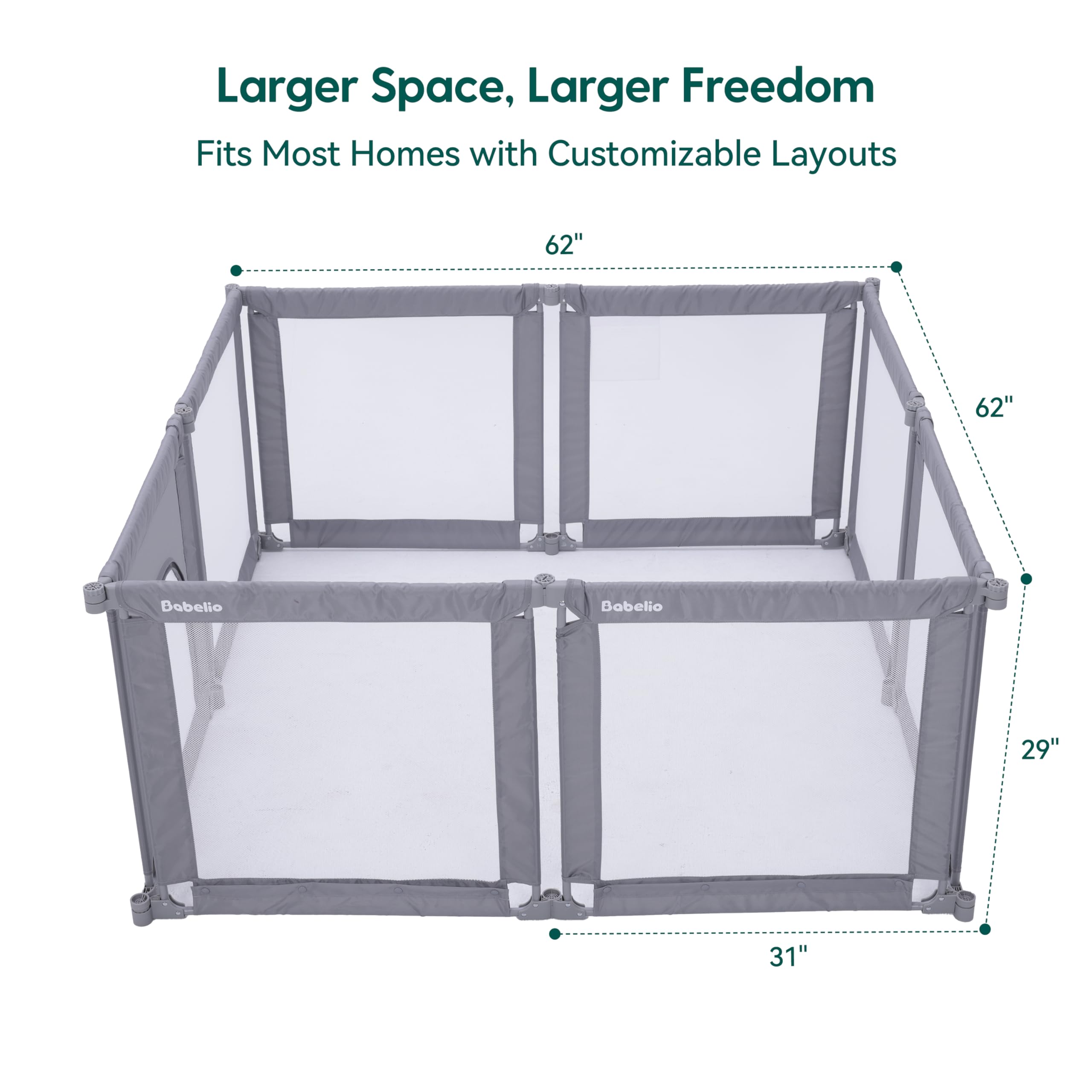 BABELIO foldable playpen spacious play area supports interactive supervision.