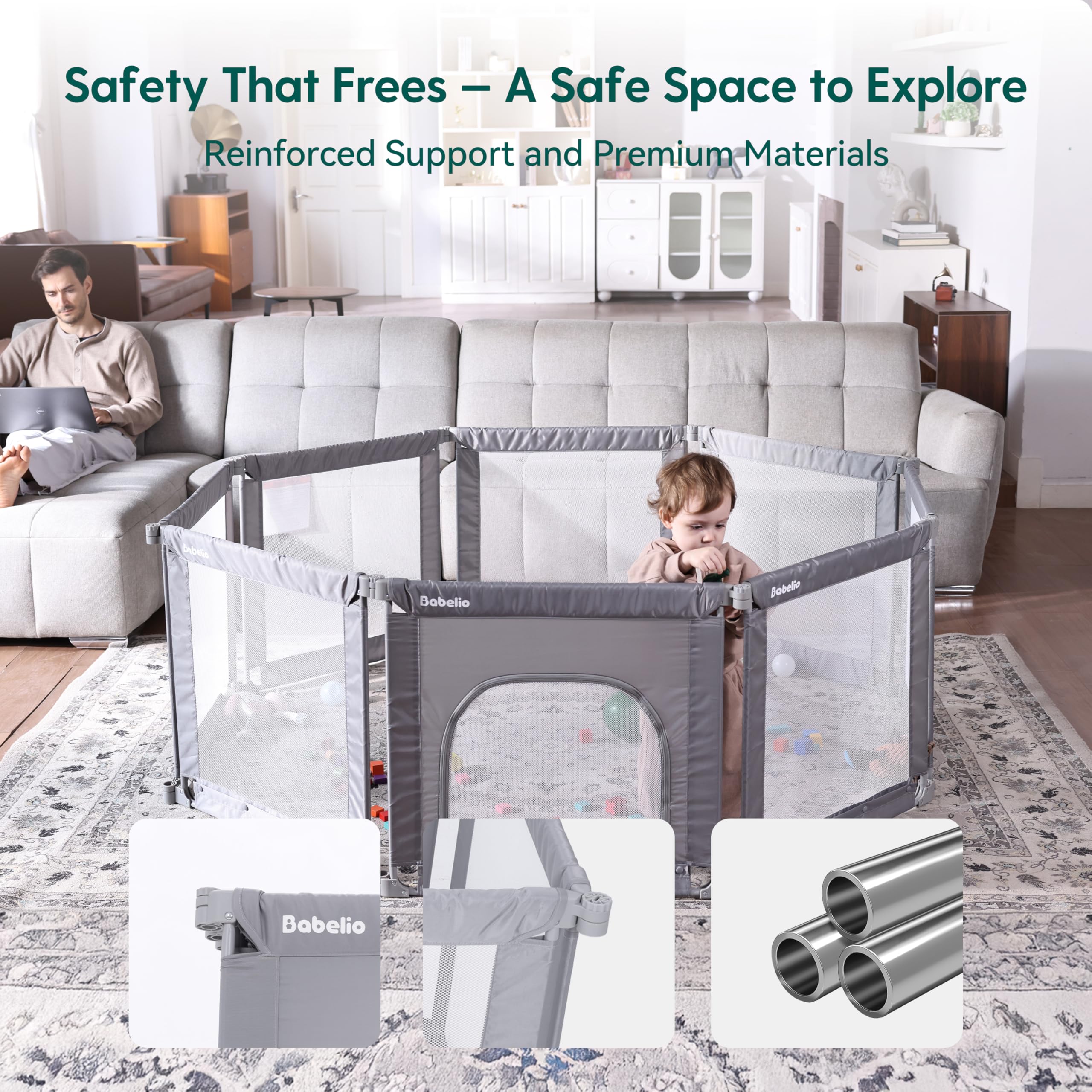 BABELIO foldable playpen travel-friendly fold enables quick on-the-go use.