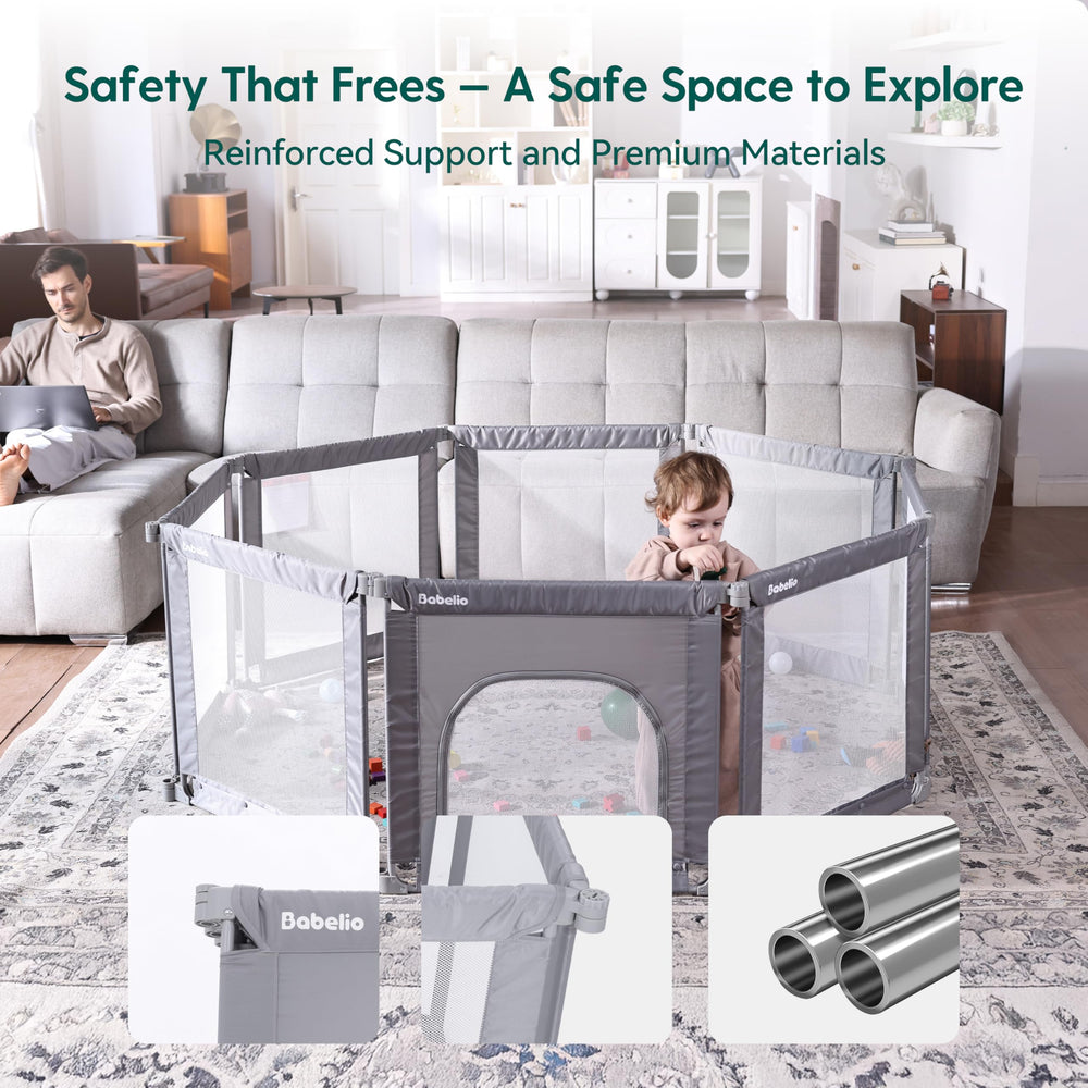 BABELIO foldable playpen travel-friendly fold enables quick on-the-go use.