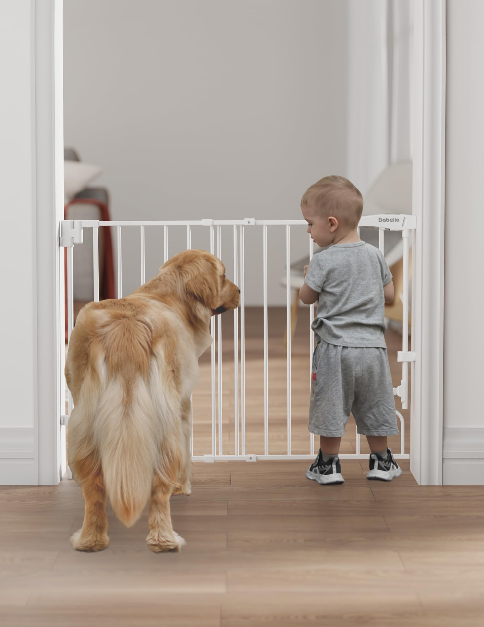 BABELIO gate kit includes vertical bars, door frame, pads and screws for quick setup.
