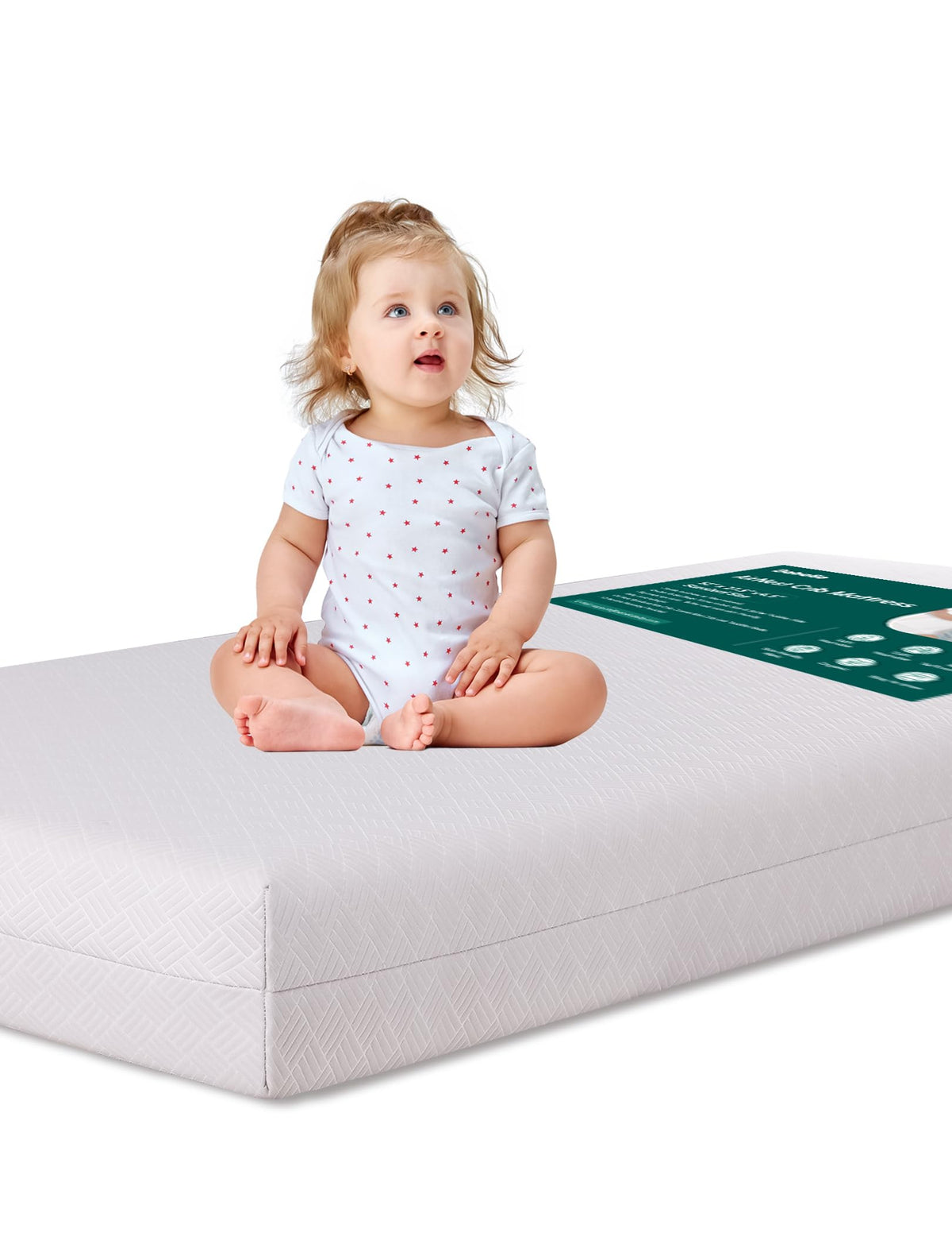 BABELIO memory foam crib mattress dual-sided viewed top-down, supporting infants and toddlers