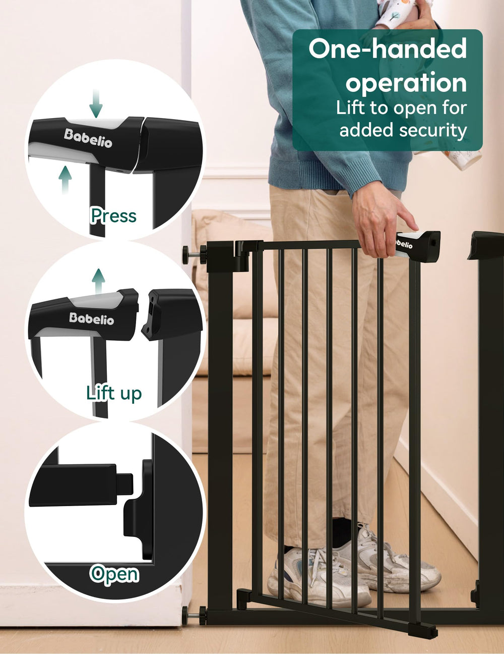 BABELIO two-way swing gate for easy passage from either side.