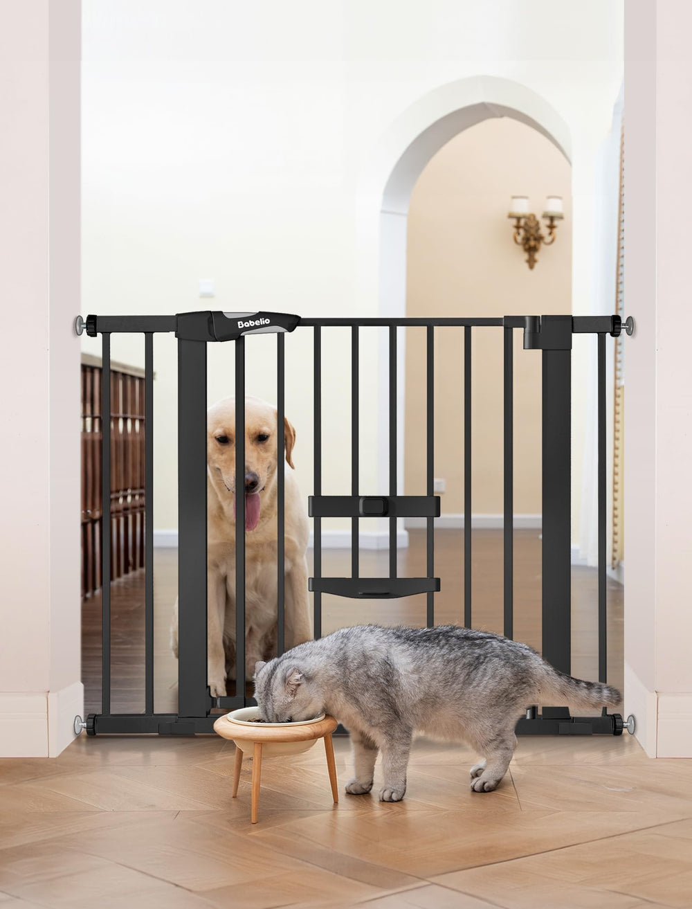 BABELIO new version baby gate with cat door front view shows compact safety and style.