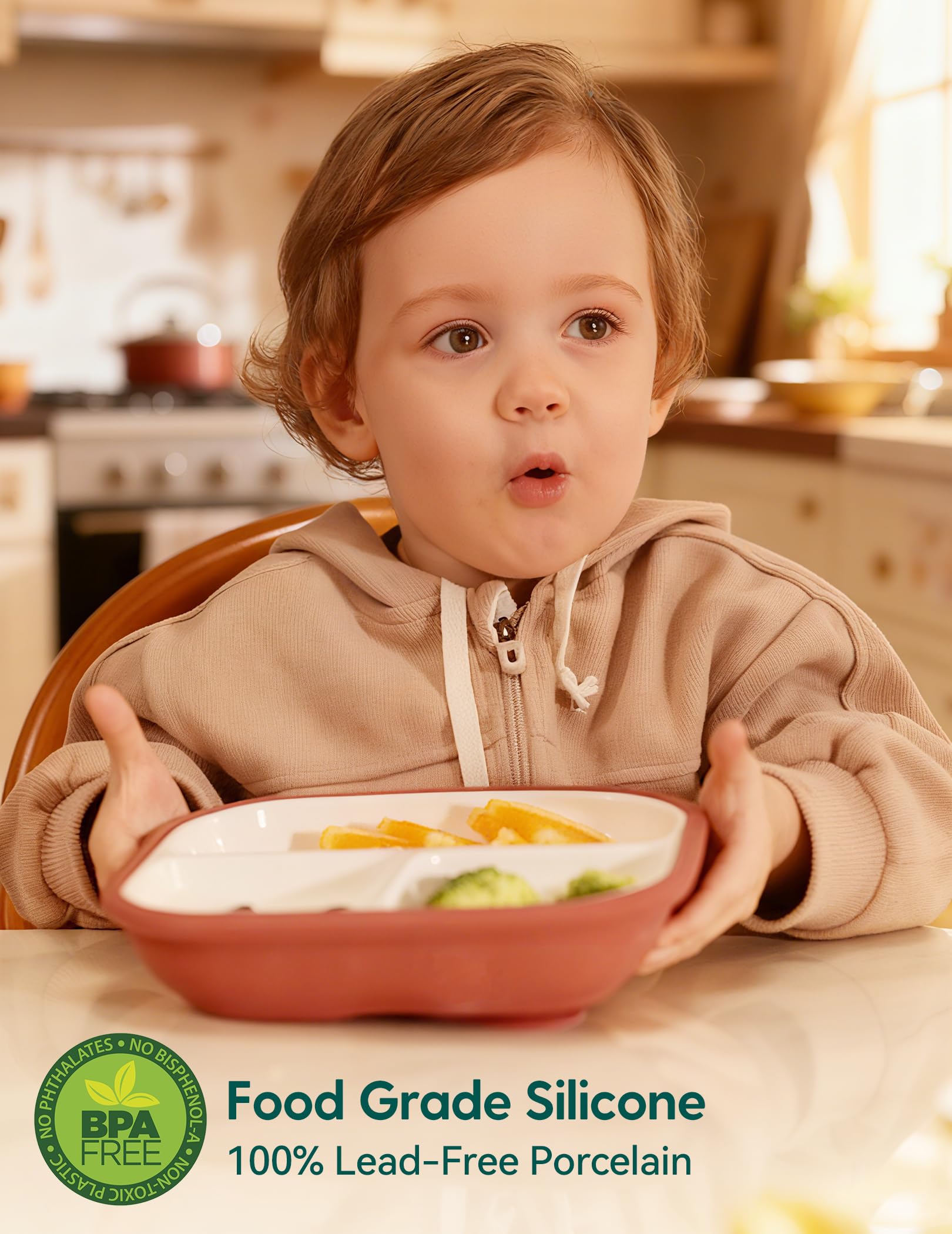 BABELIO porcelain toddler plate with divided design keeps foods separated for easier scooping.
