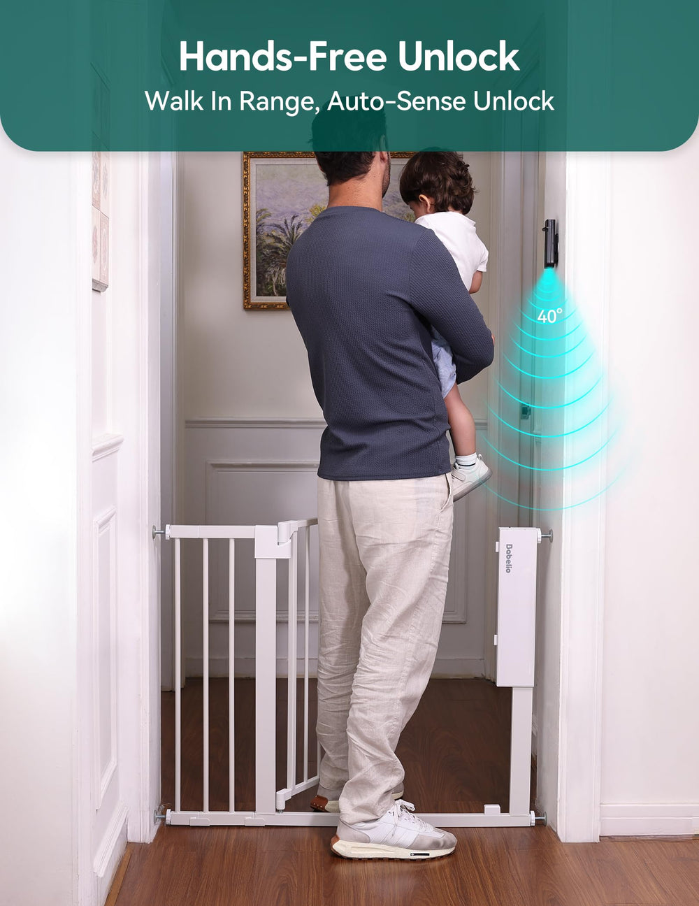 BABELIO Smart Infrared Auto-Unlock Gate side view highlights slim profile for spaces