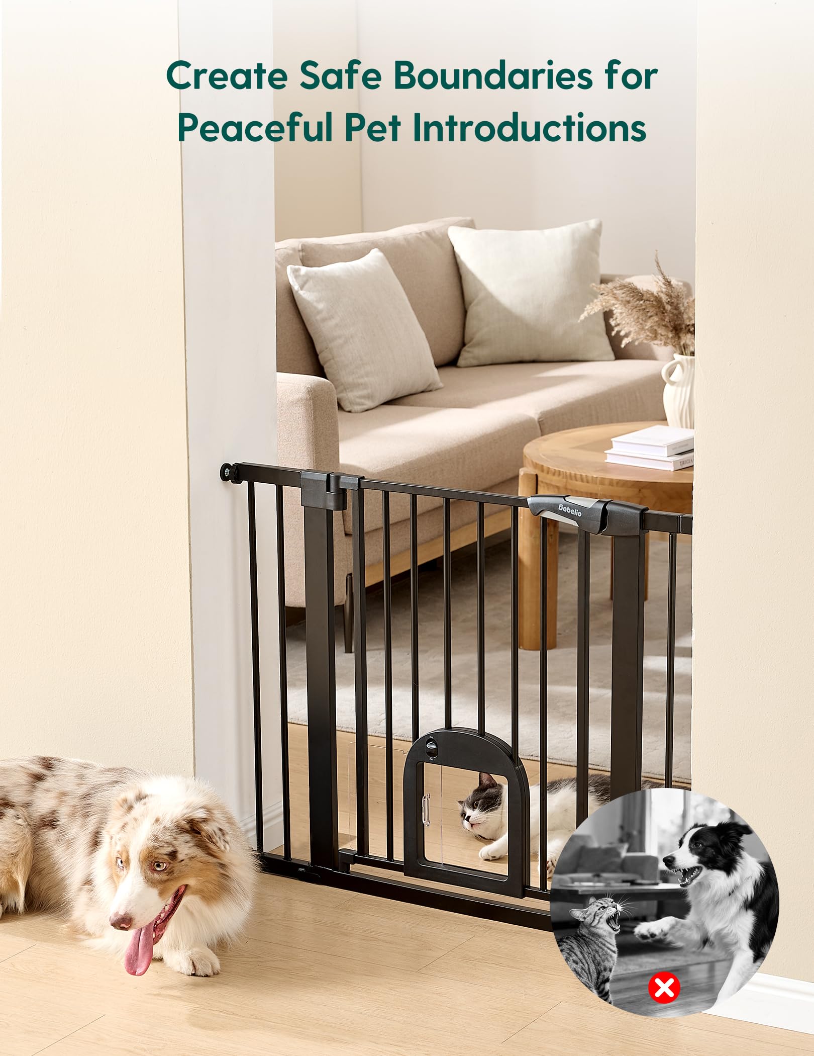 BABELIO Upgraded baby gate with cat door, auto-close in action.