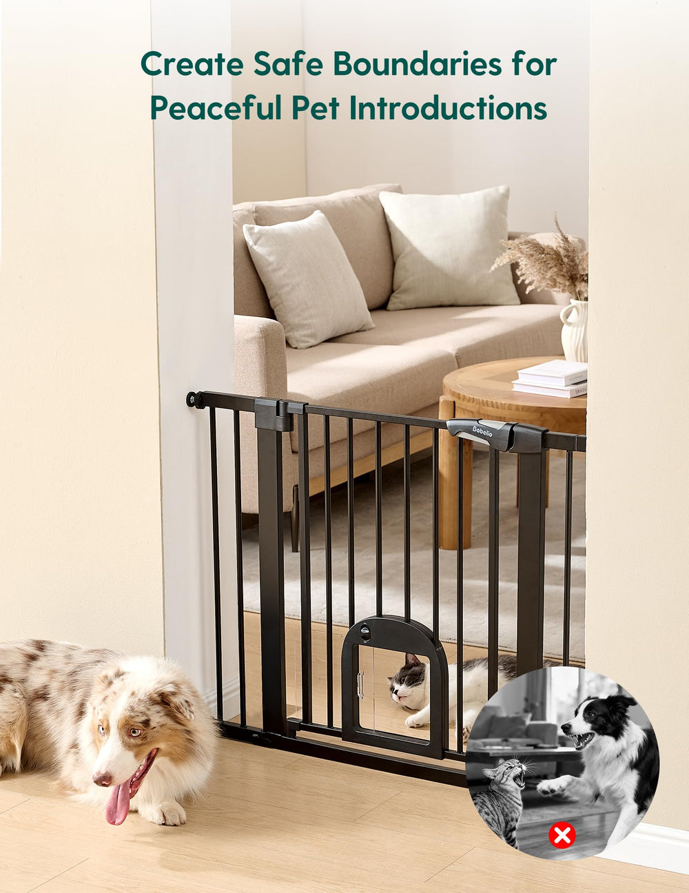 BABELIO Upgraded baby gate with cat door, auto-close in action.