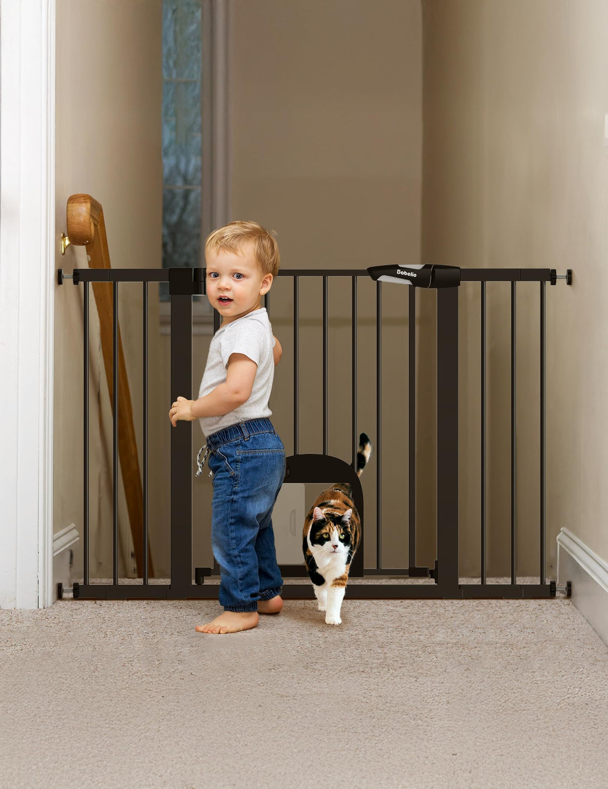 Babelio Upgraded Baby Gate cat door close provides secure pet access for busy homes.