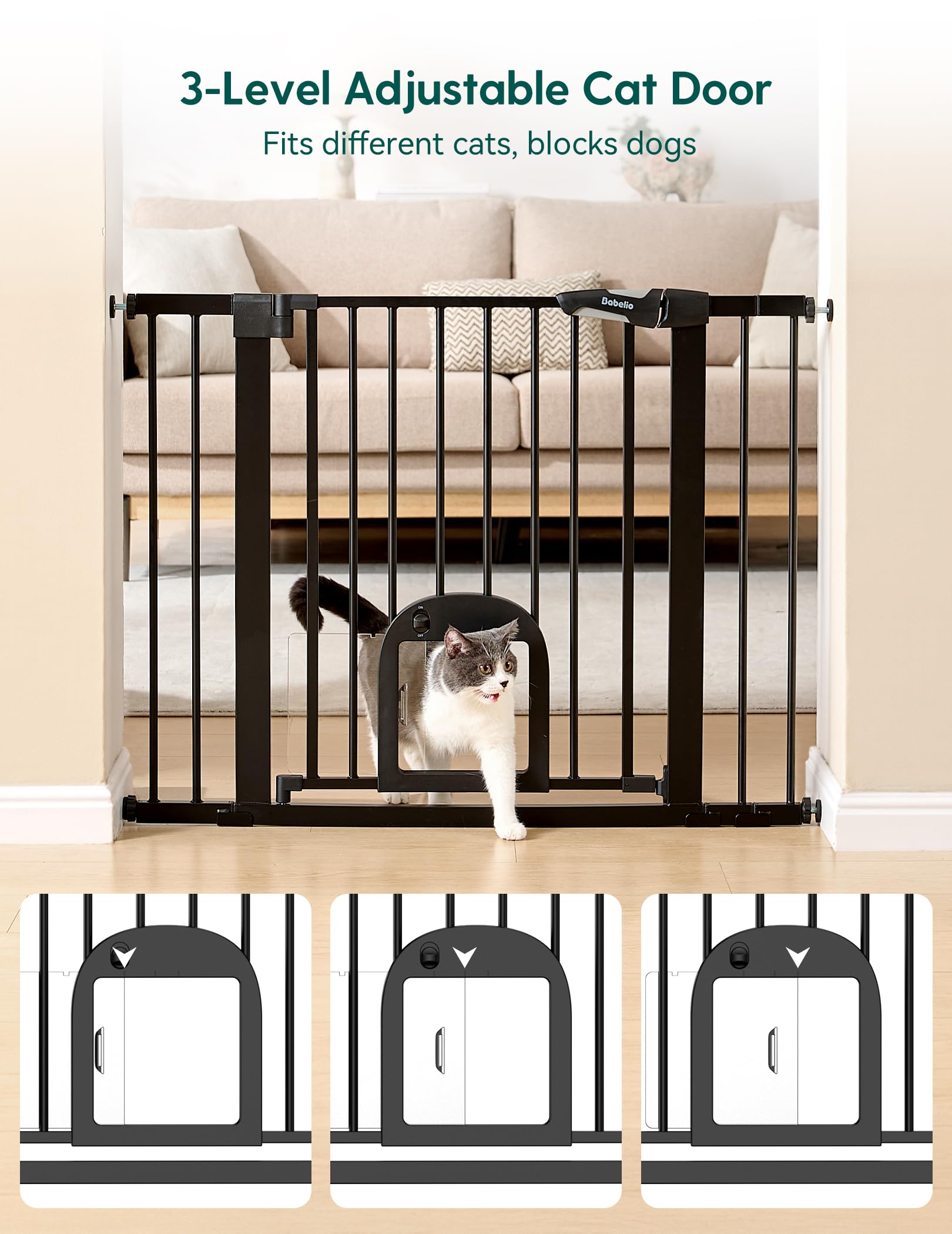 BABELIO Upgraded baby gate with cat door, extended width for larger openings.