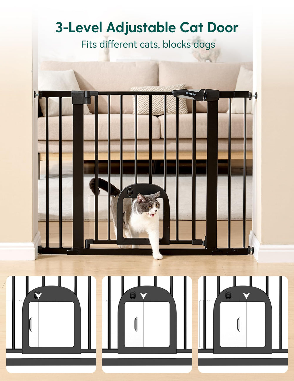 BABELIO Upgraded baby gate with cat door, extended width for larger openings.