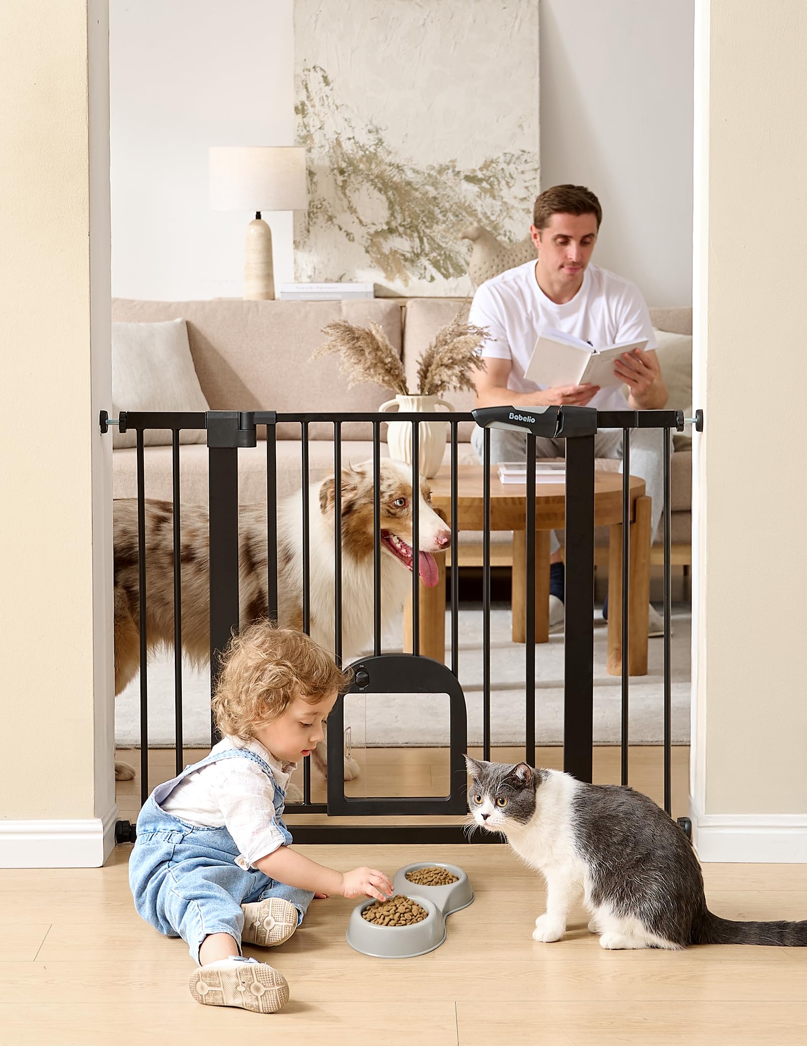 BABELIO Upgraded baby gate with cat door, front view, sturdy steel construction.