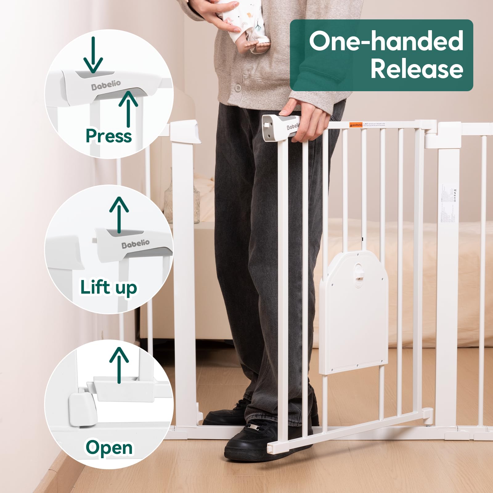 Babelio walk-thru gate with pet door, side view for convenient access