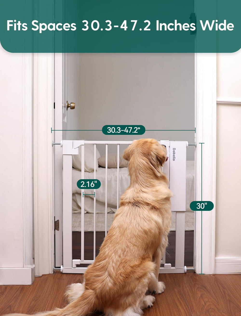 BABELIO Width-adjustment scale shows 30.3–47.2 inch fit range