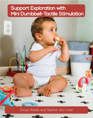 BaBeloved teether features colorful rattle elements for sensory exploration.