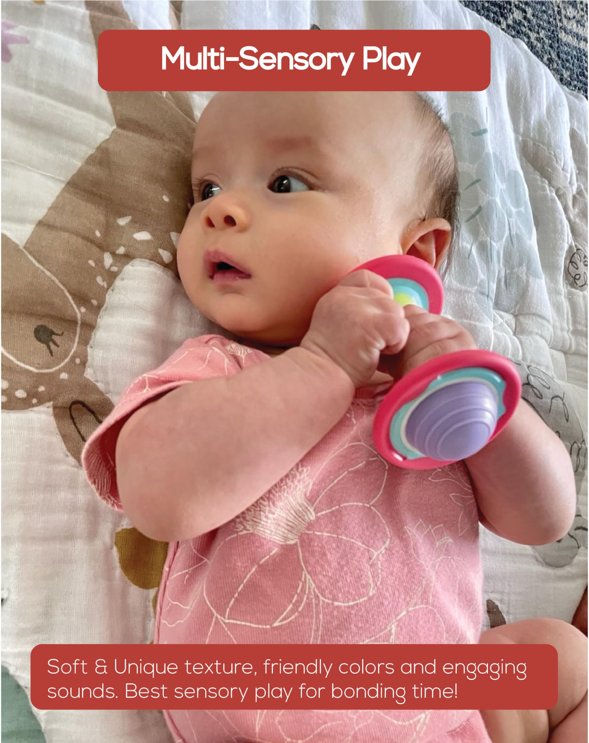 BaBeloved teether provides gentle gum relief with multiple textures.