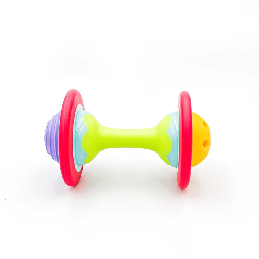 BaBeloved Mini Dumbbell teether with soft textures for soothing infant gums.