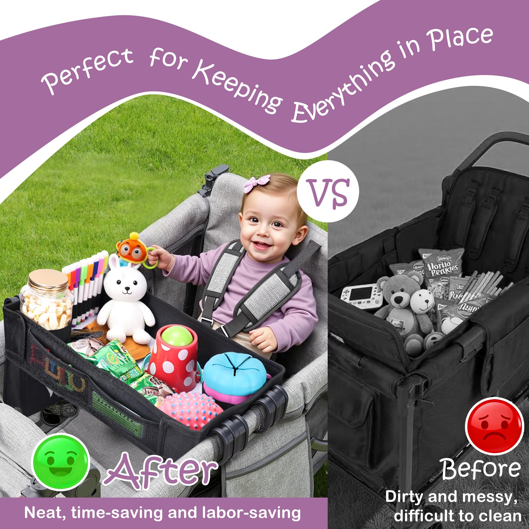 Babenest snack tray attaches and detaches easily for travel.