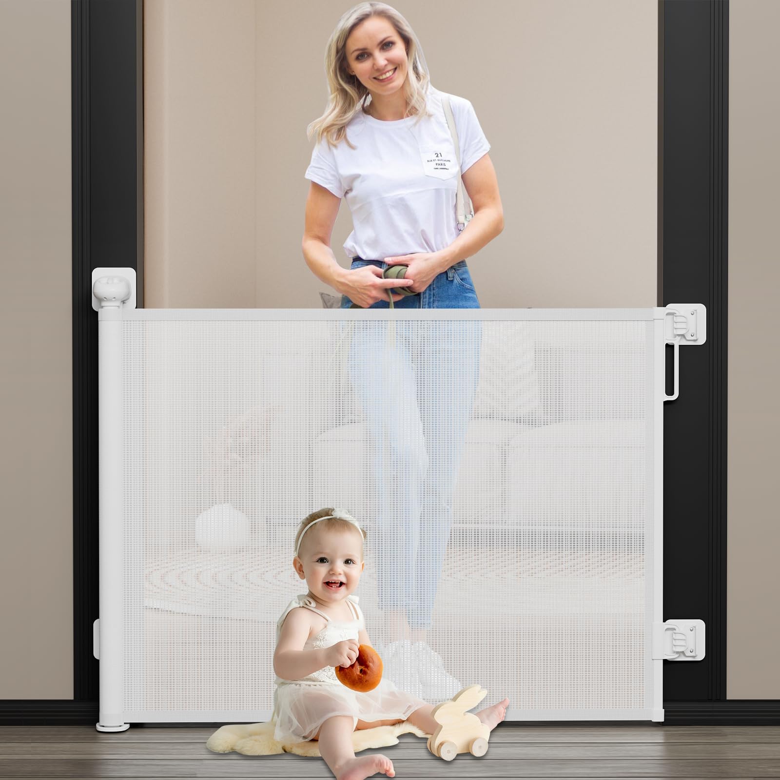 Babepai baby gate for stairs with no-drill retractable design protecting stairs