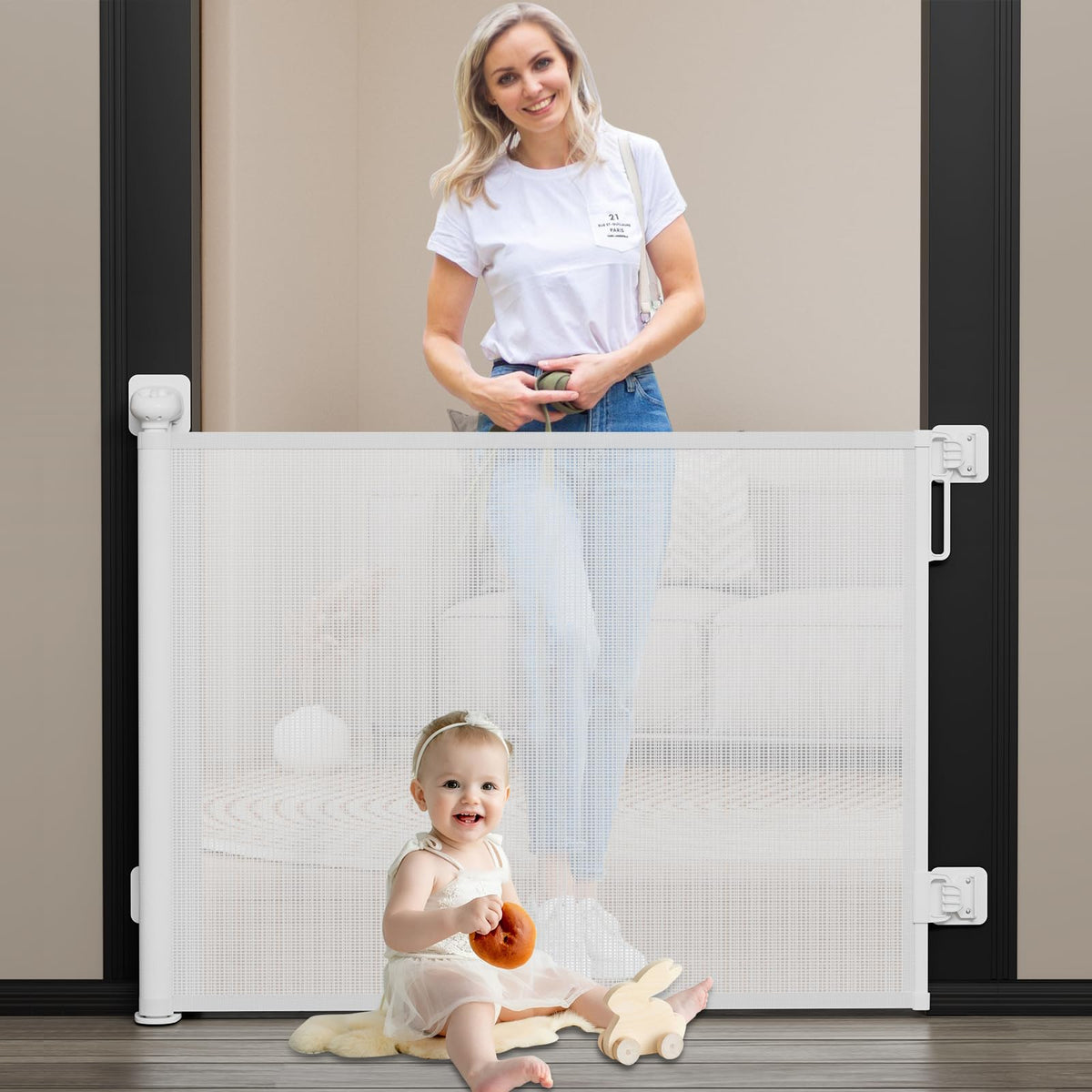Babepai baby gate for stairs with no-drill retractable design protecting stairs