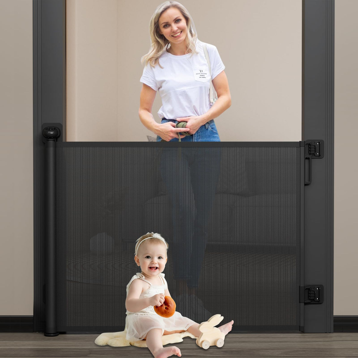 Babepai retractable gate at stairs with punch-free install protecting walls and children