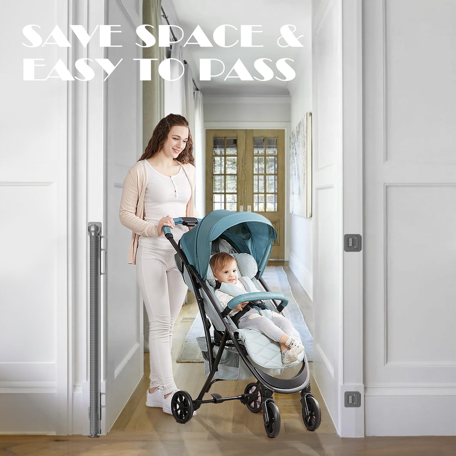 Babepai gray retractable gate folded compactly for storage.