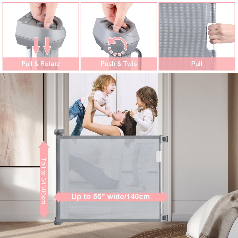 Babepai gate across a doorway showing adjustable width in gray mesh.