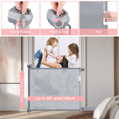 Babepai gate across a doorway showing adjustable width in gray mesh.