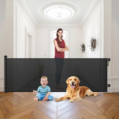 Babepai retractable gate extended to 110 inches for wide openings, safe for babies and pets.