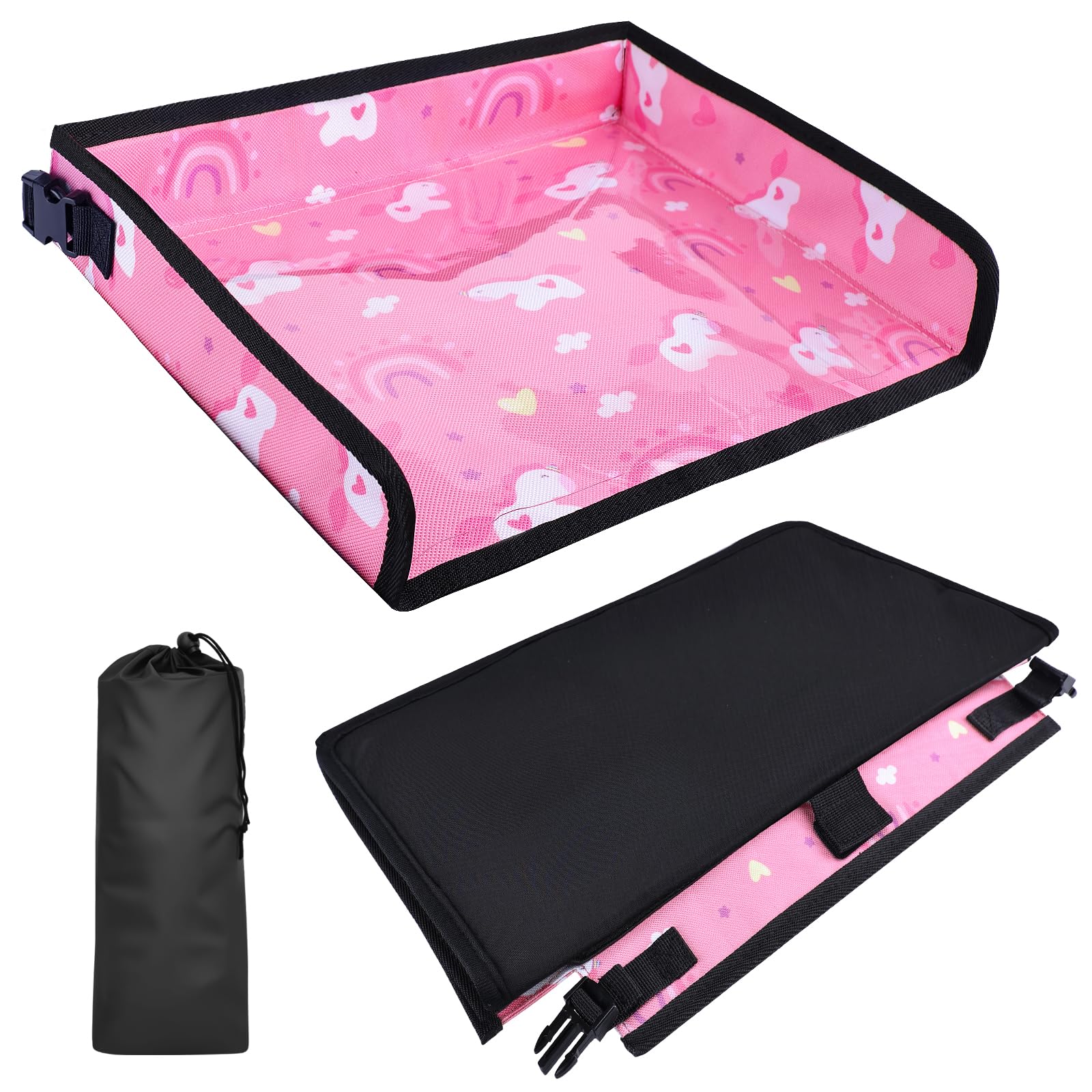 Babepets unicorn pink tray cover on airplane tray keeps snacks organized during flight