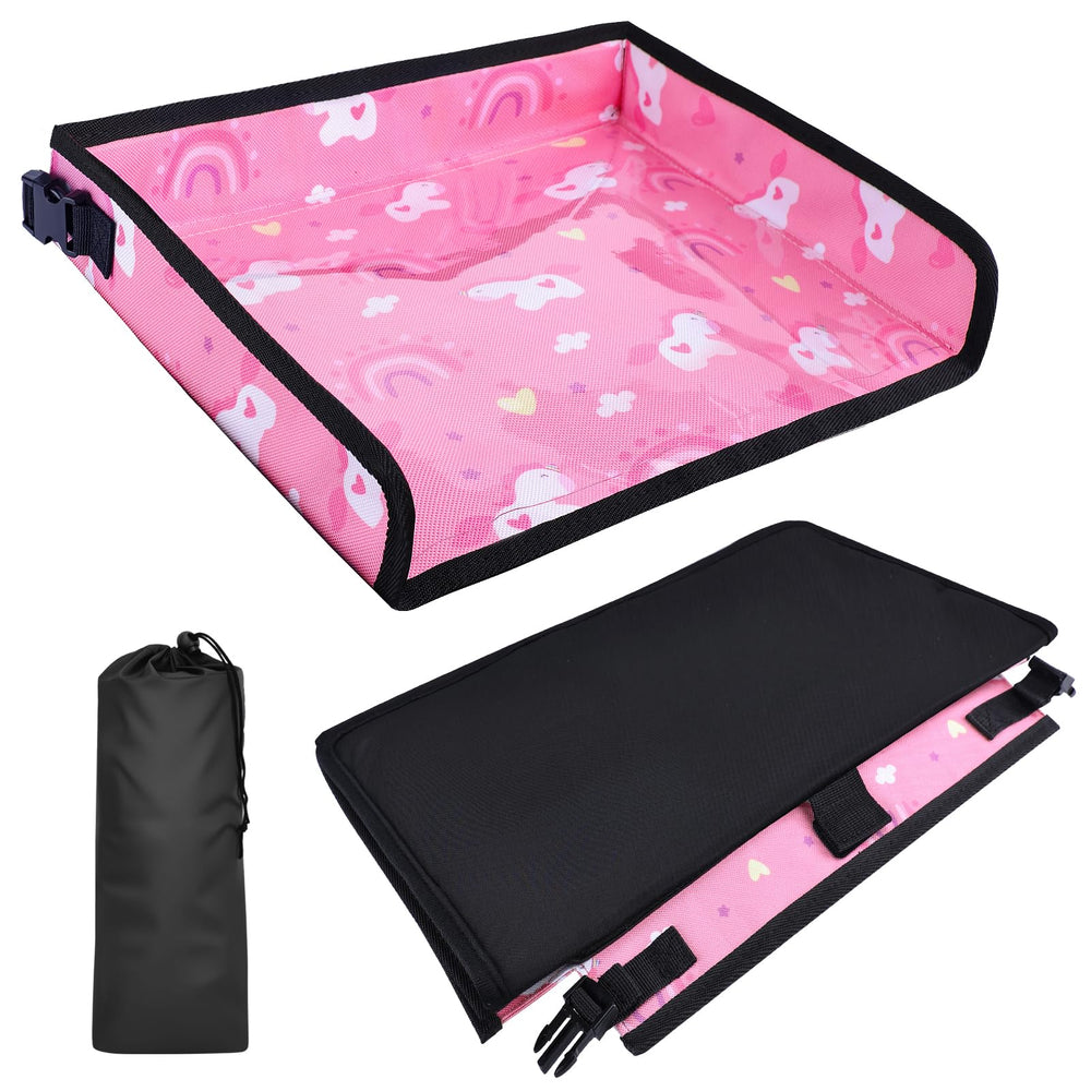Babepets unicorn pink tray cover on airplane tray keeps snacks organized during flight