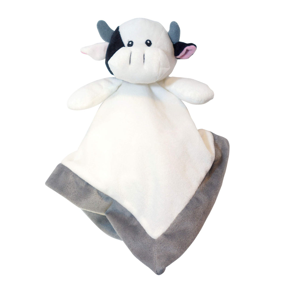 Baberoo Cow Lovey 12-inch security blanket calms babies while traveling.