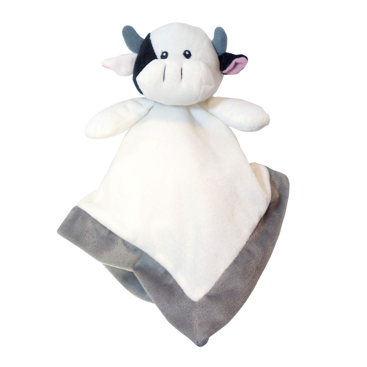 Baberoo Cow Lovey 12-inch security blanket calms babies while traveling.