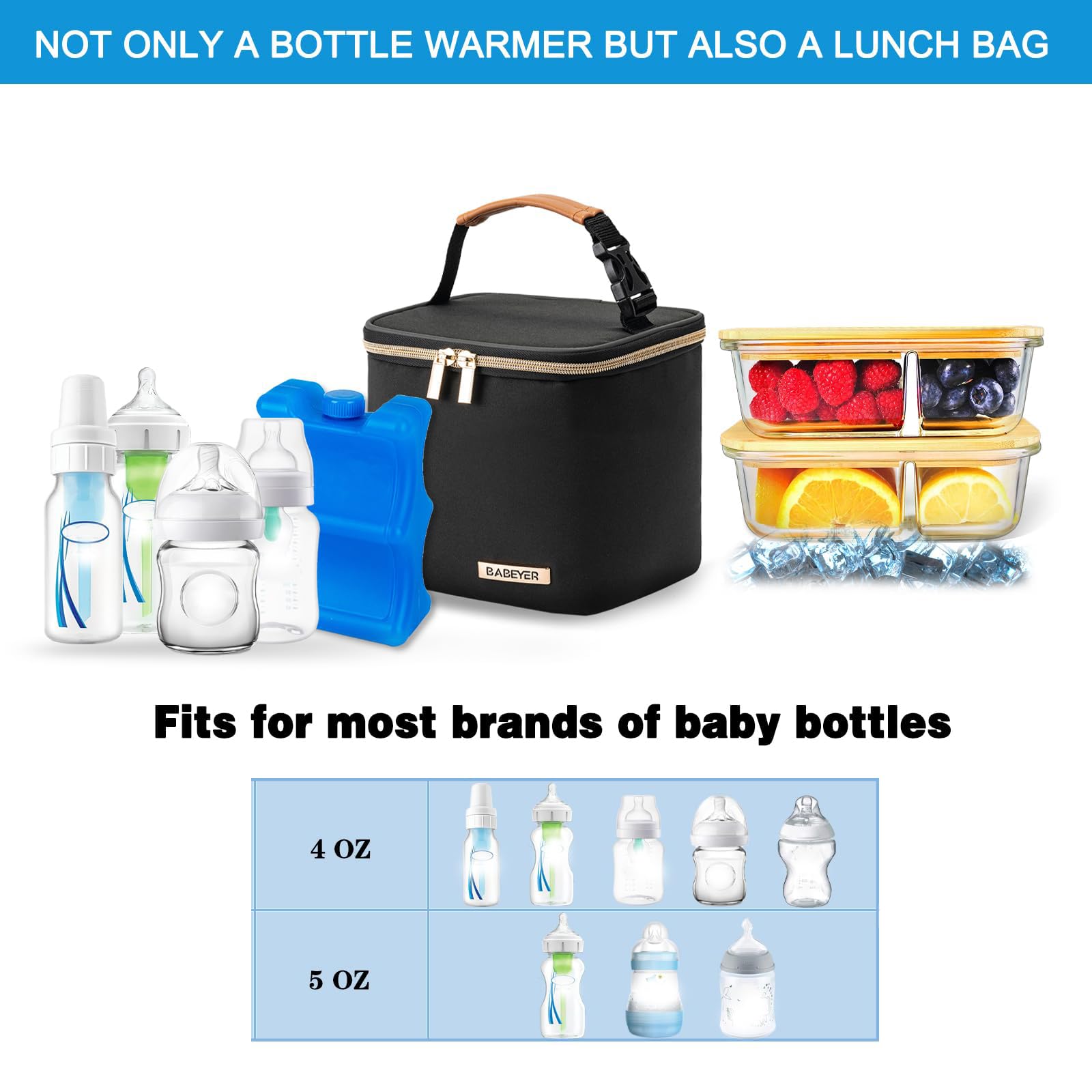 BABEYER Insulated Bottle Bag fits four bottles securely for daycare use.