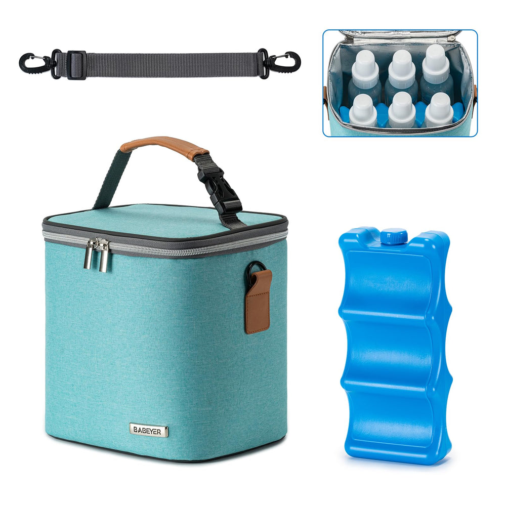 BABEYER breastmilk cooler bag illustrating capacity for six 9-ounce bottles for daycare use.