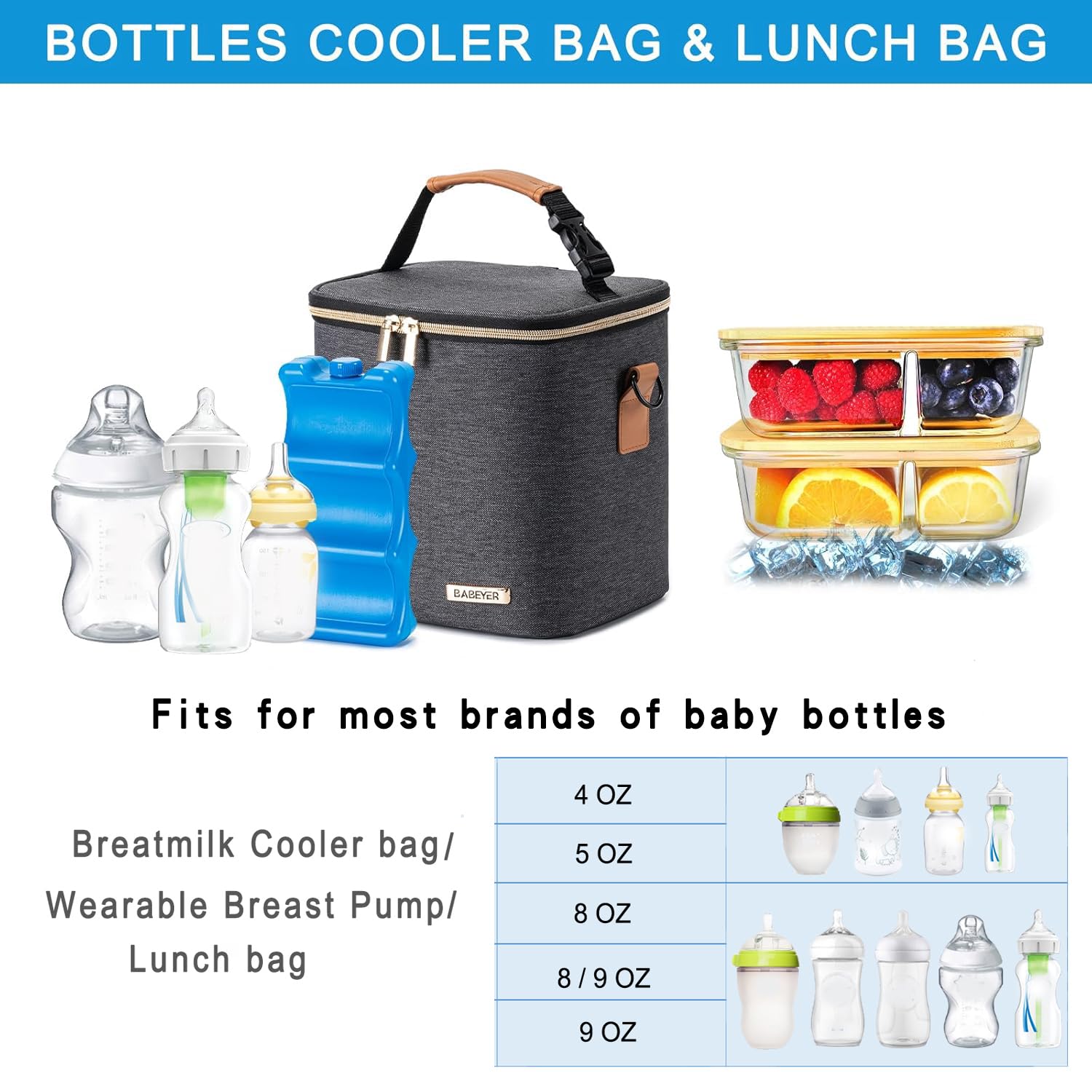 BABEYER breastmilk cooler bag open with ice pack for cooling bottles