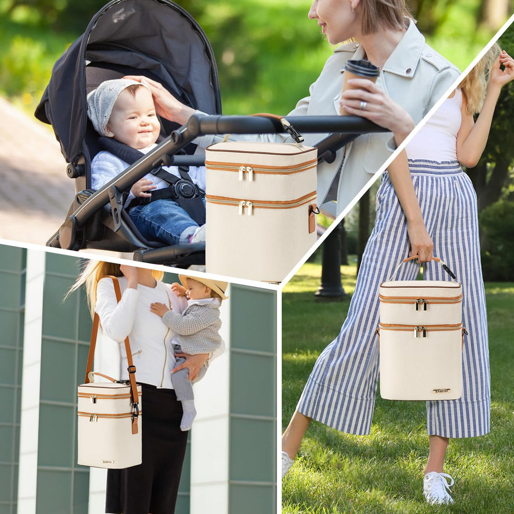 Sleek cream bag complements busy mom life