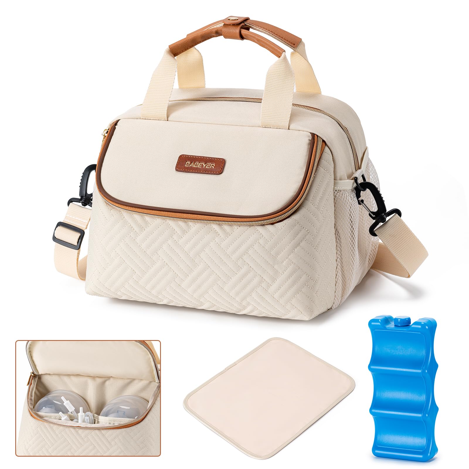 BABEYER breastmilk cooler bag with ice pack keeping six 9-ounce bottles cold on the go