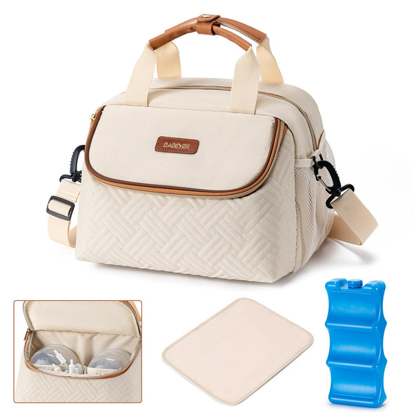 BABEYER breastmilk cooler bag with ice pack keeping six 9-ounce bottles cold on the go