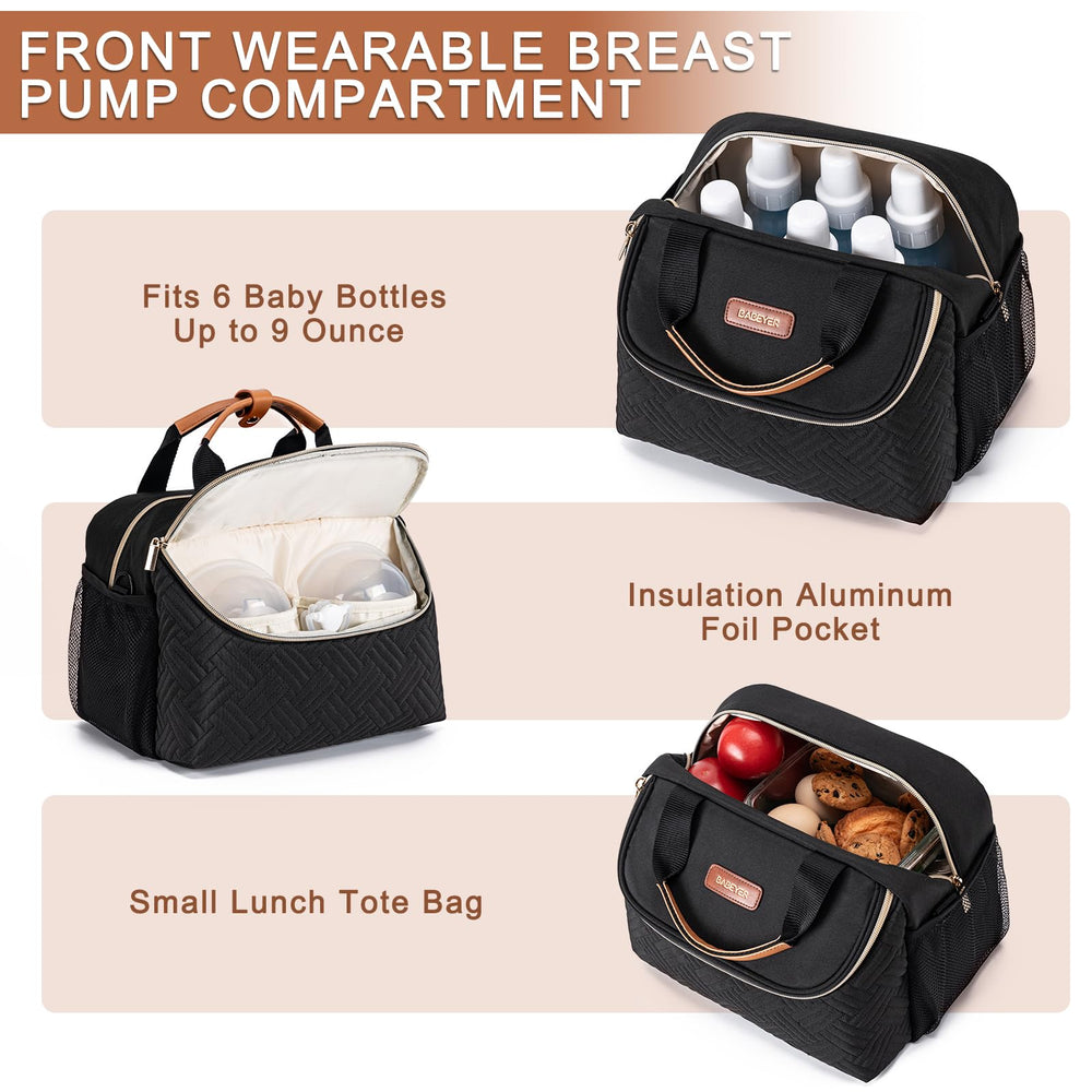 BABEYER cooler bag front pocket holds wearable pumps for easy access.