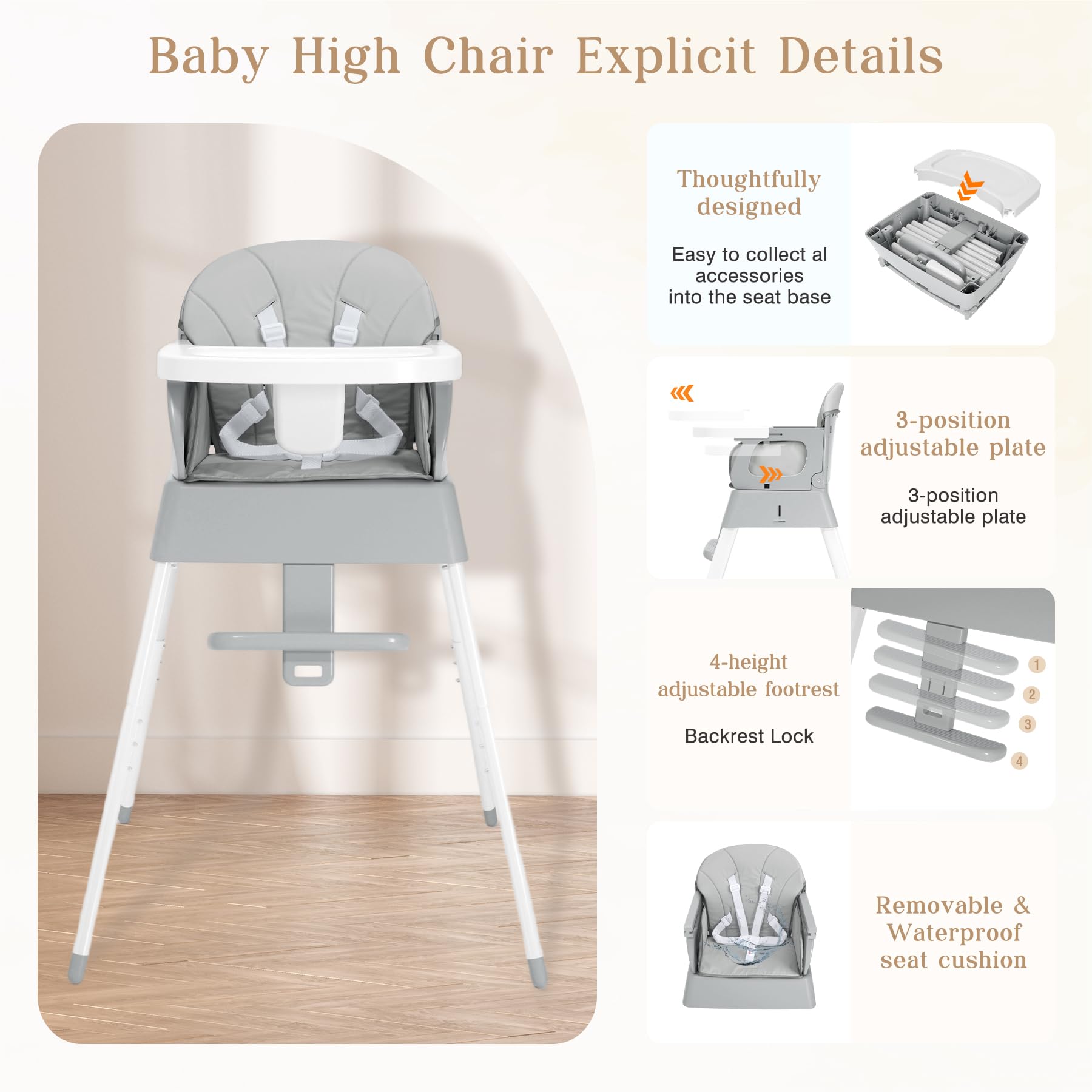 BABHAMNESS high chair with 5-point harness for secure seating.