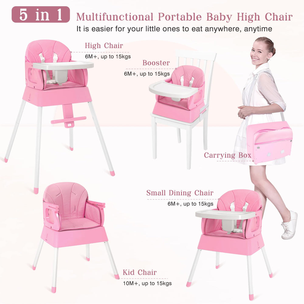 BABHAMNESS portable high chair with 5-point harness provides secure seating during meals