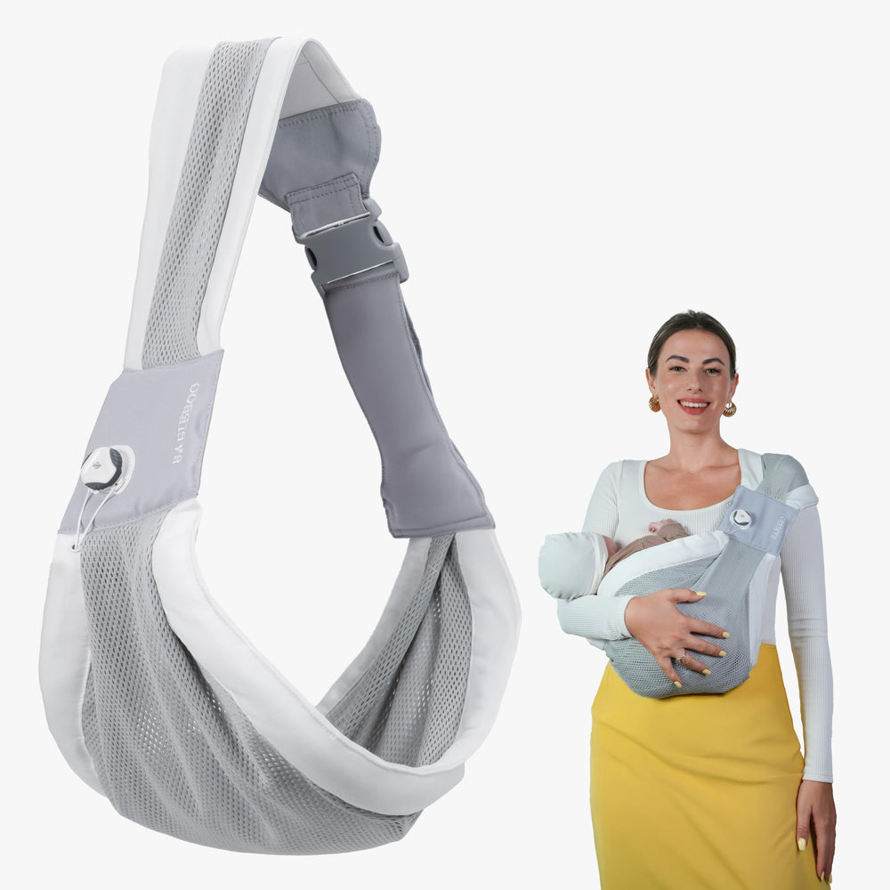 BabieBoo sling closeup showing adjustable strap for a secure, comfortable carry