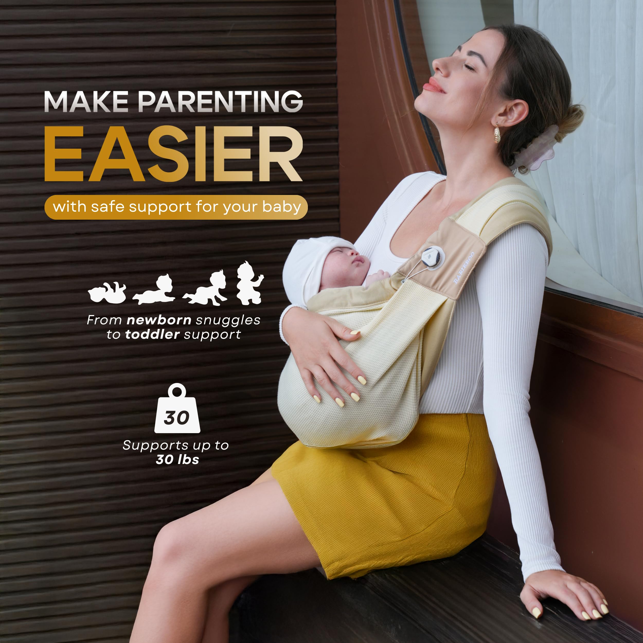 BabieBoo sling knob-tech closeup demonstrating snug, close support