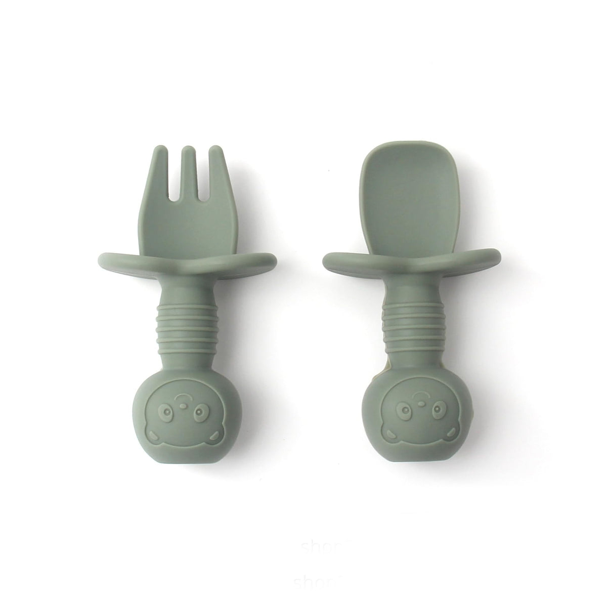 Babies and Cuties toddler fork and spoon set with anti-choke shield for safe self-feeding.