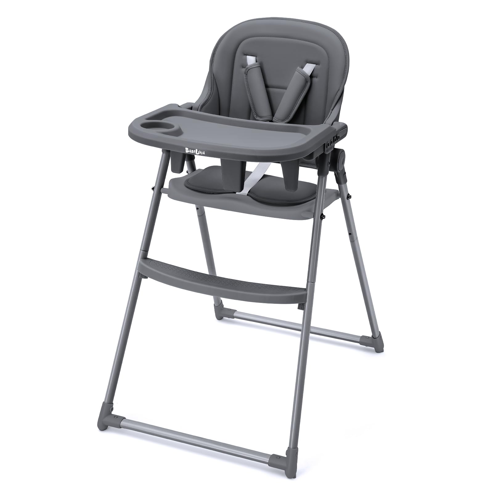 Babilous foldable high chair setup for easy storage and tidy mealtime.