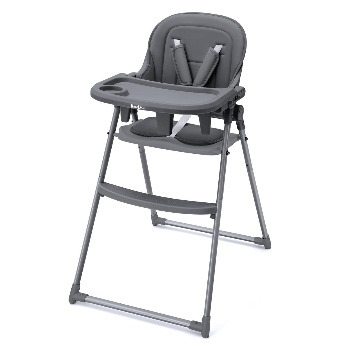 Babilous foldable high chair setup for easy storage and tidy mealtime.