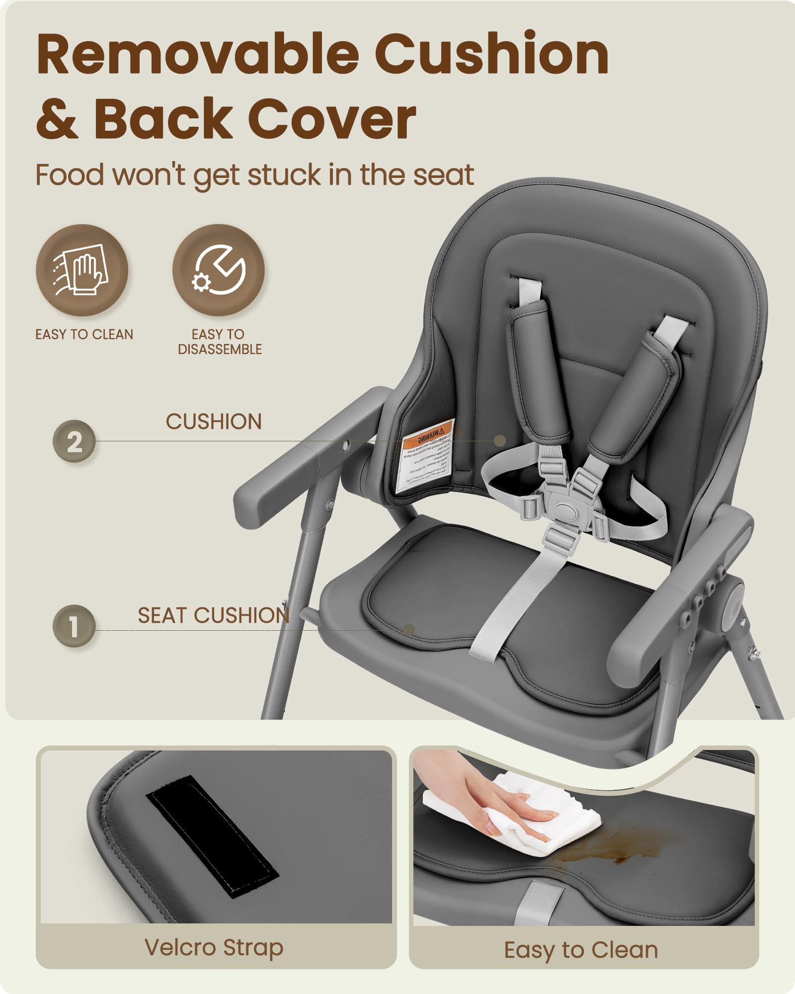 Babilous high chair 5-point harness provides secure seating during meals.