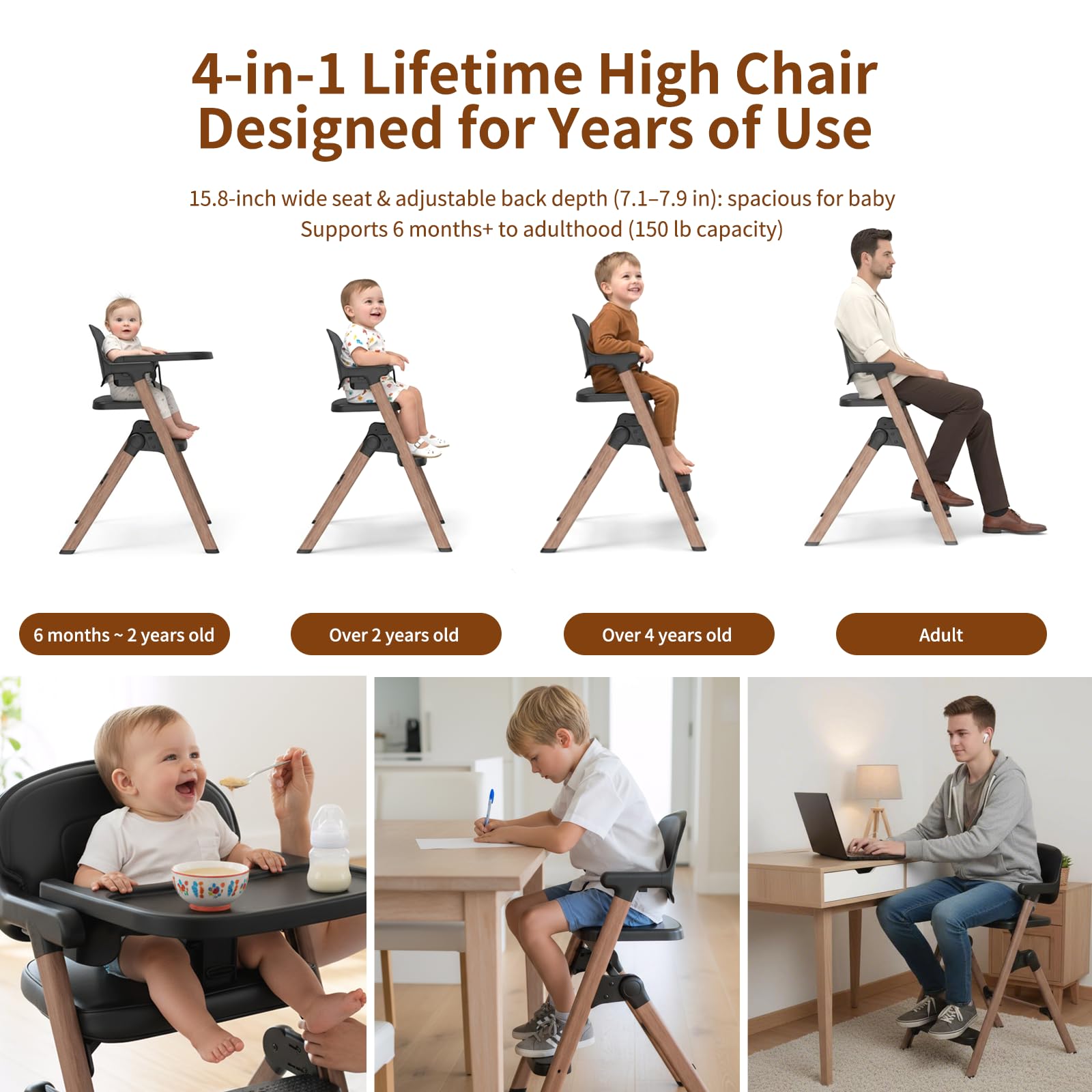Babilous High Chair adjustable back depth supports growing children.